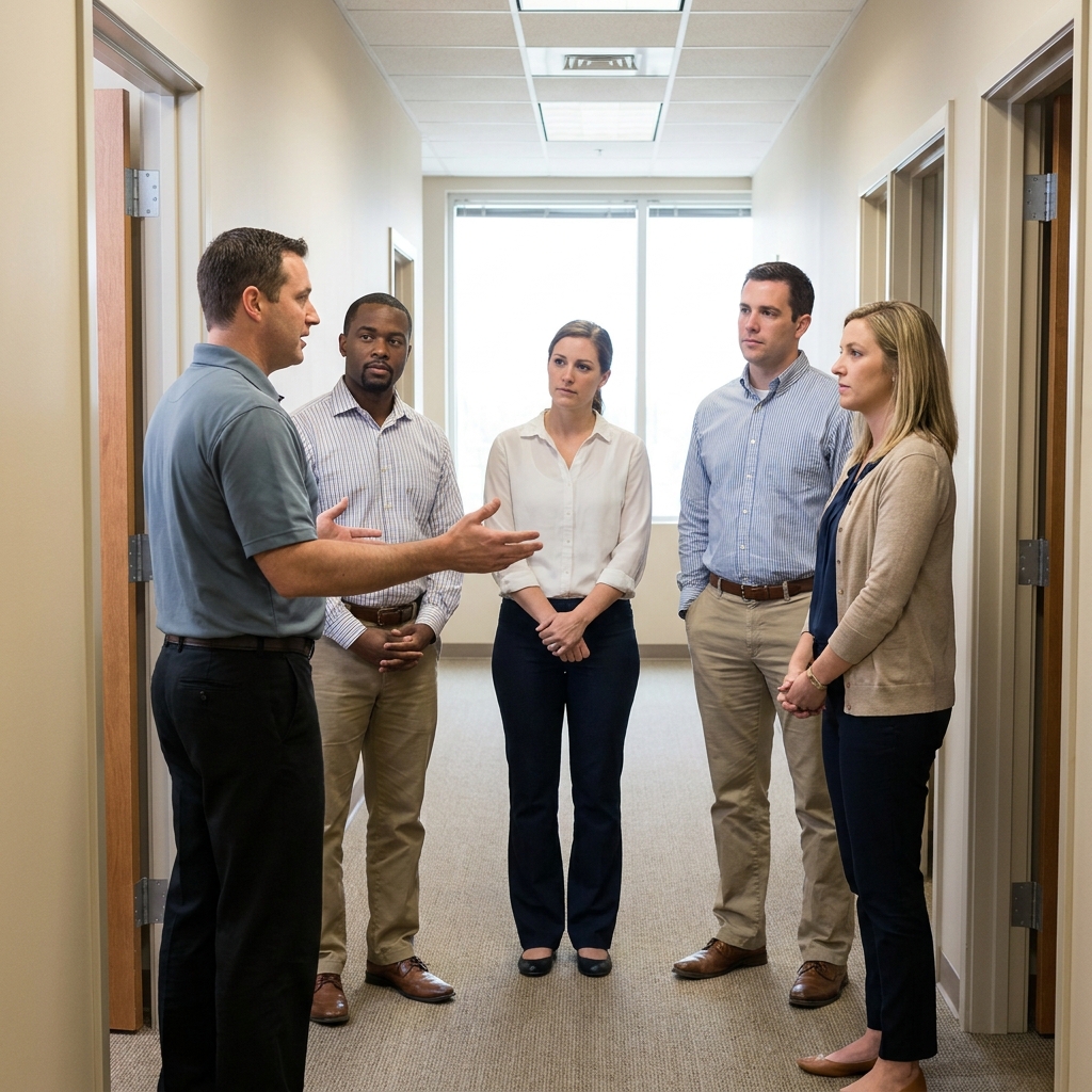 Trainees attentively listening to an instructor in a hallway during AVERT active-violence response training