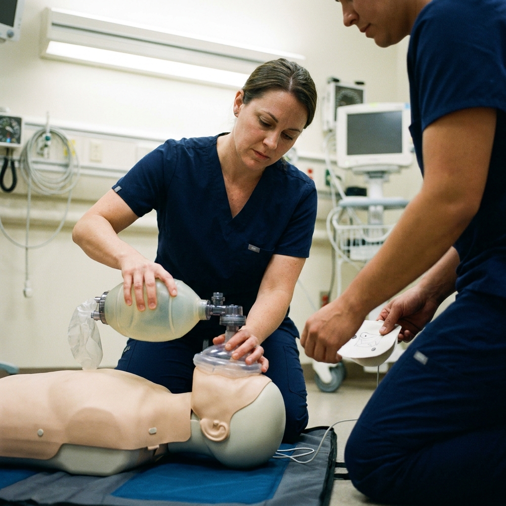 A healthcare professional in scrubs using a bag-valve-mask on a CPR training manikin