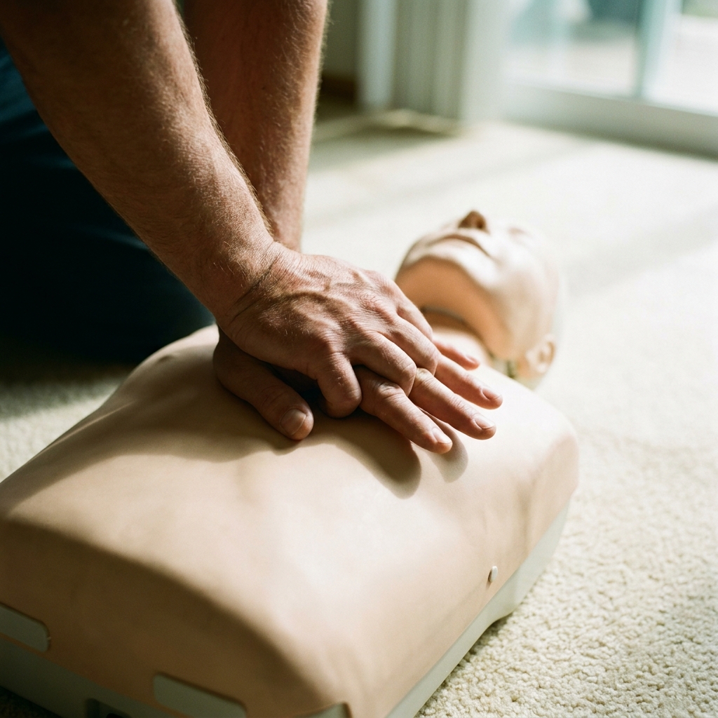 Hands performing chest compressions on an adult CPR training manikin