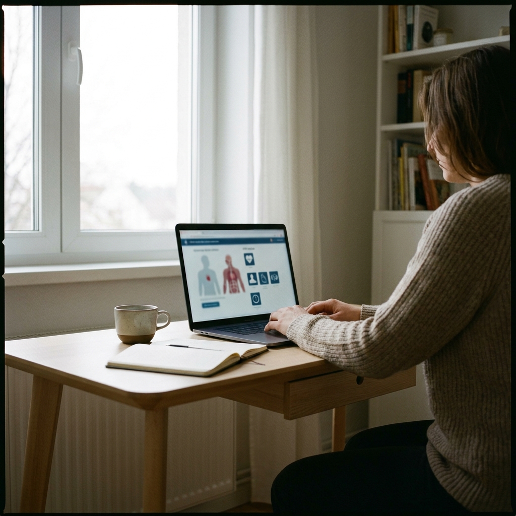 A laptop showing a CPR e-learning interface alongside a notebook and coffee cup
