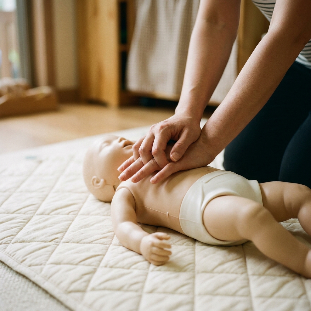 Hands demonstrating infant CPR on a baby-sized training manikin