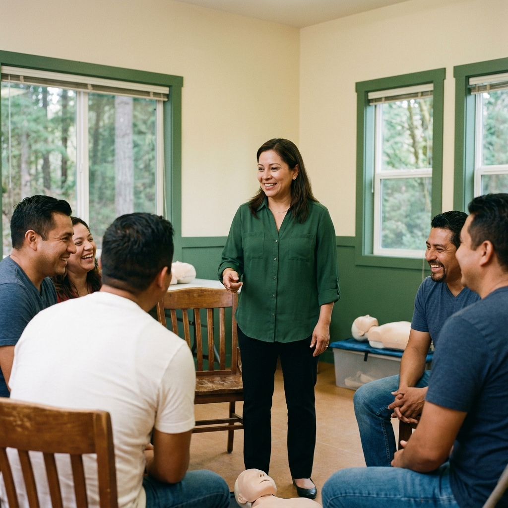 A Latina CPR instructor speaking with a small group of trainees in a community-style training room