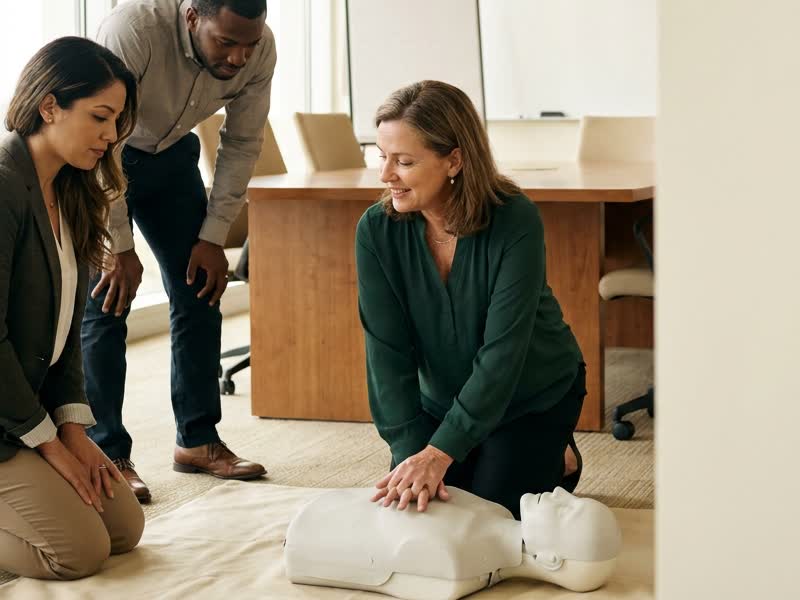 A Texas OnSite CPR instructor demonstrating chest compressions on an adult training manikin while two corporate trainees observe in a bright conference room.