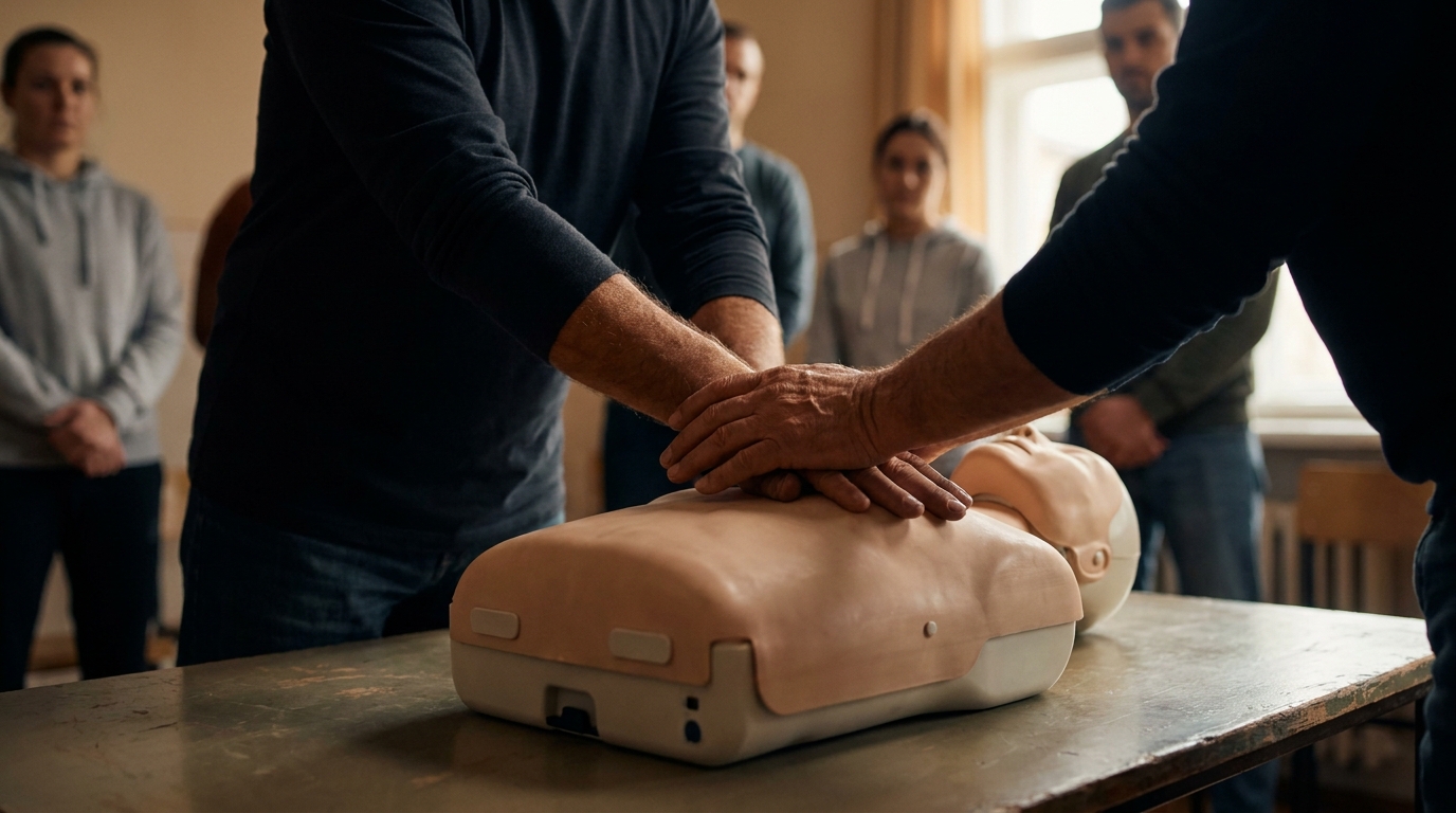 Close-up of an experienced CPR instructor's hands demonstrating proper hand placement on an adult training manikin while trainees observe in the background.